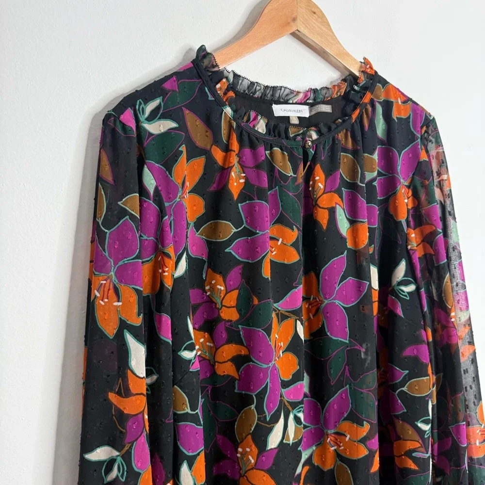 Calvin‎ Klein Women’s Floral Chiffon Blouse Long Sleeve Multicolor Lined Size 1X